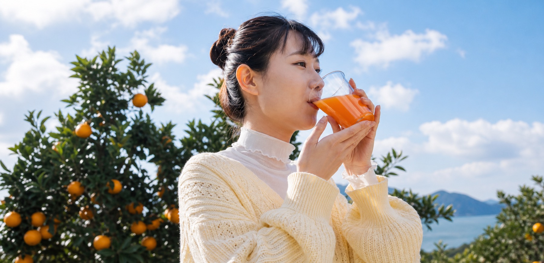 瀬戸内の柑橘畑を望みながら搾りたてジュースを味わう