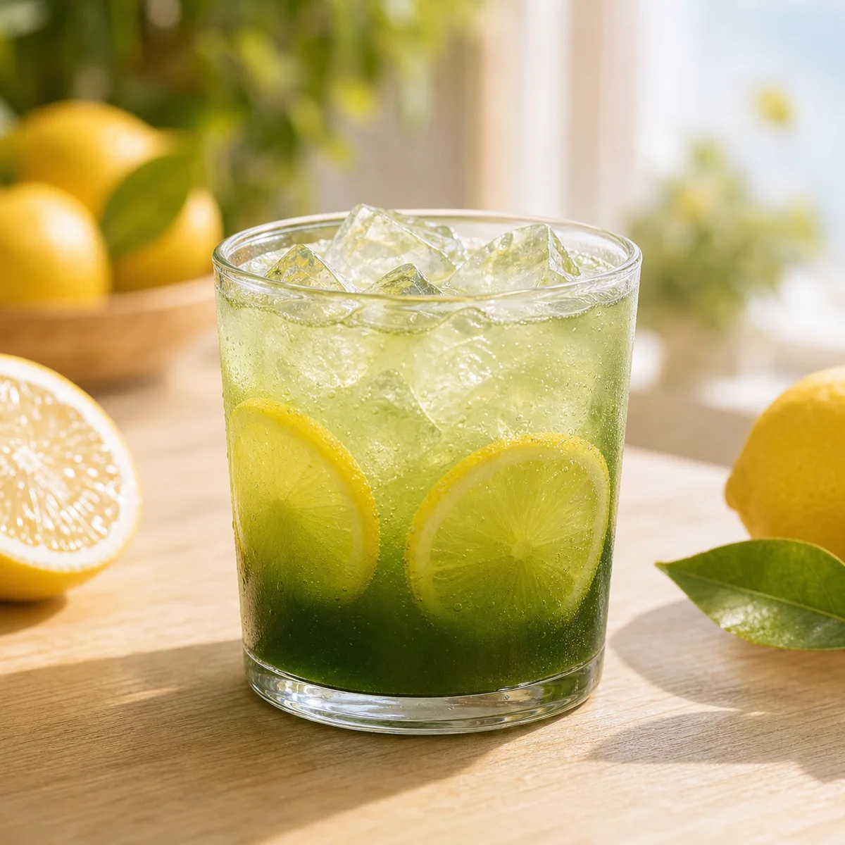 抹茶レモネード。氷とレモンスライスが入った緑色の爽やかなドリンク