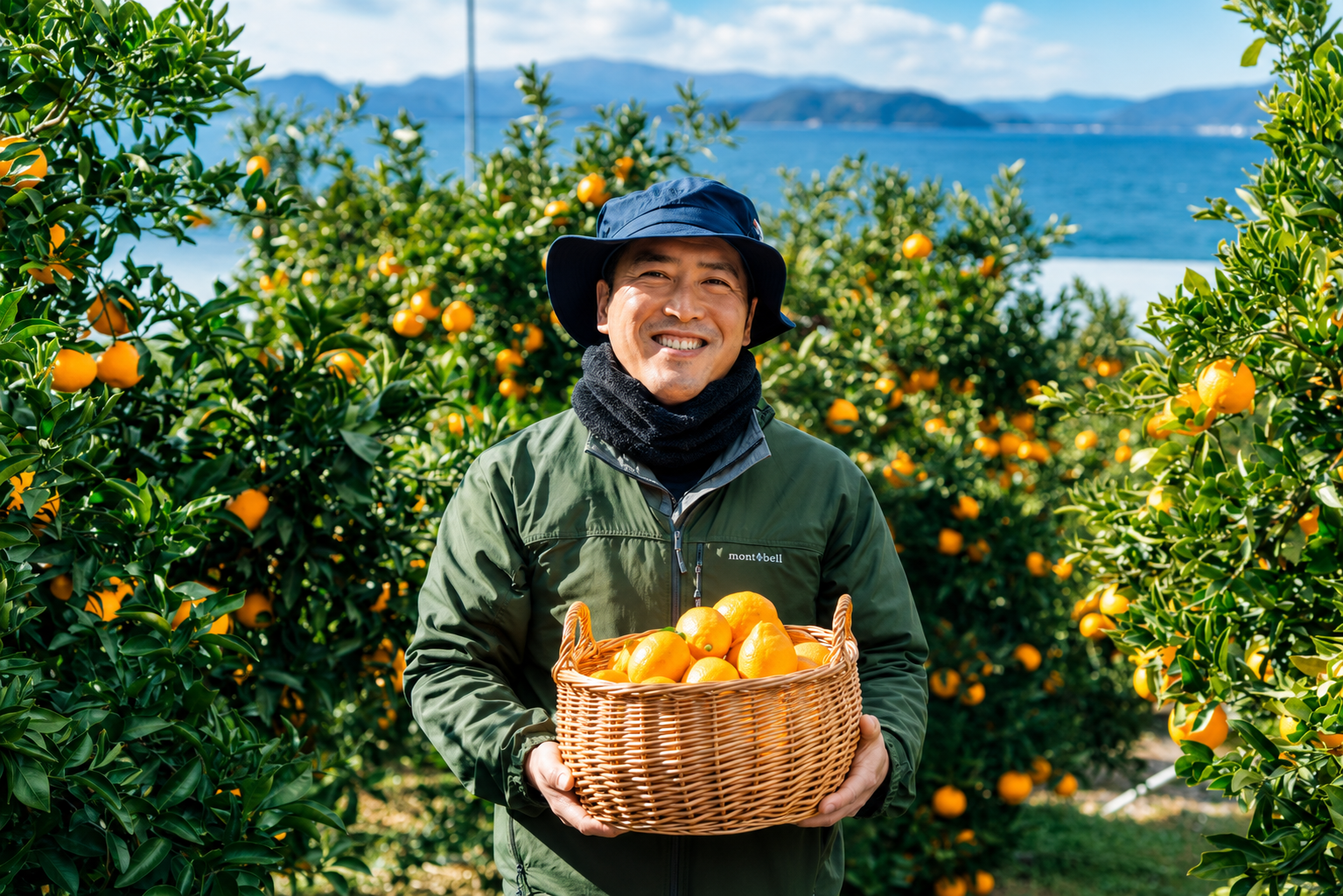 瀬戸田の柑橘畑で収穫した実をかかえる生産者